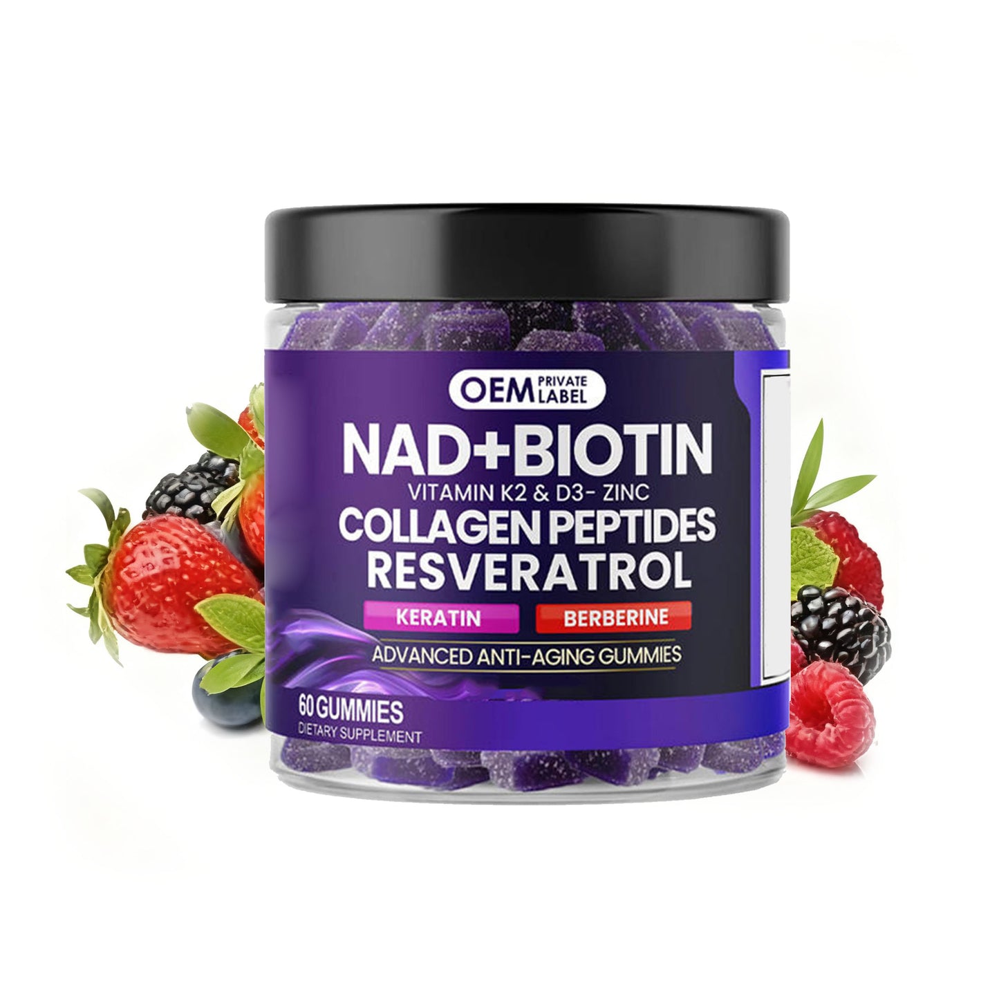 NAD+ Resveratrol Berberine Biotin Supplement Collagen Zinc Vitamin K D Gummies for Hair Skin Nails Joint