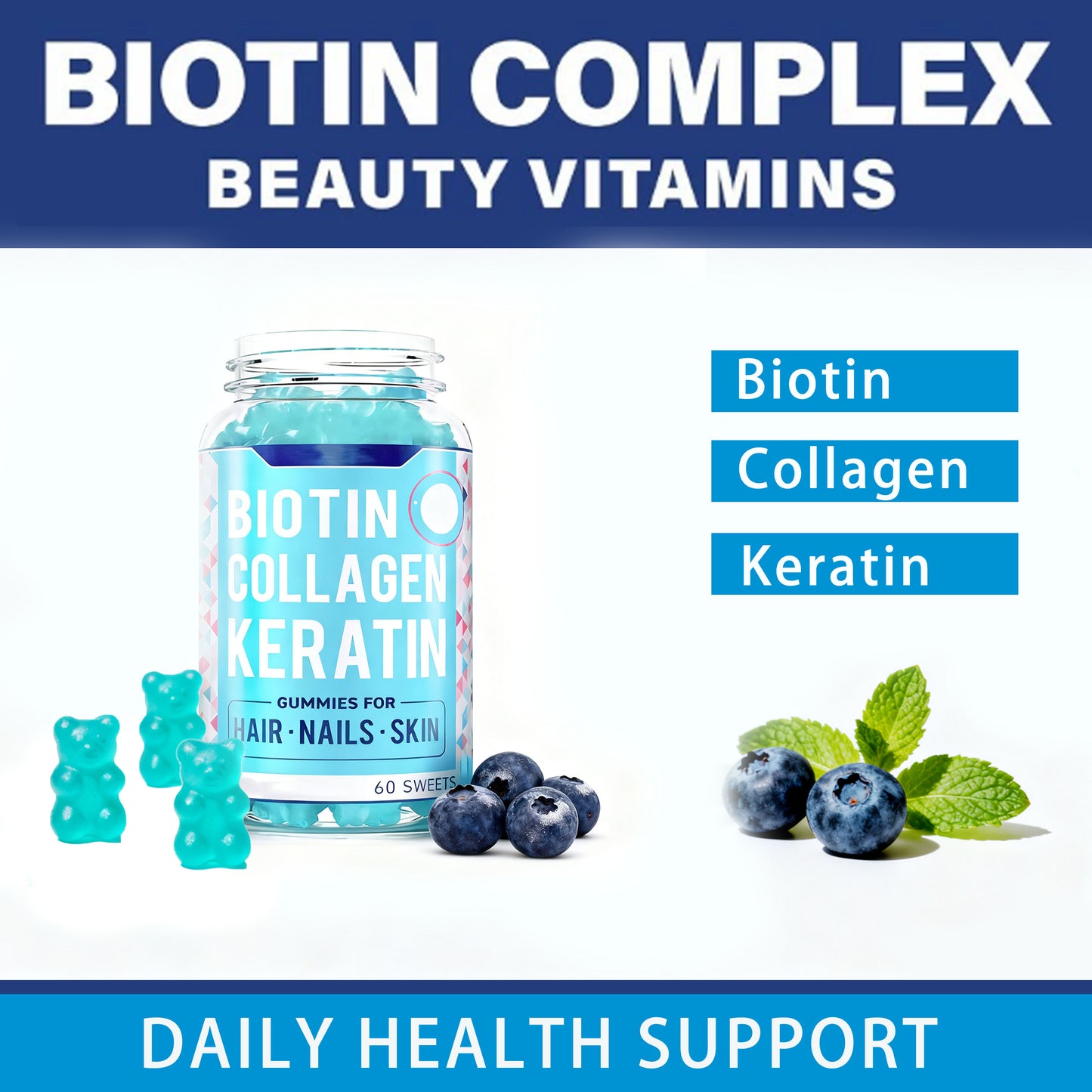 Wholesale Vegan Collagen Vitamin Gummies with Biotin and Vitamin C for Adult Hair Skin Nails Beauty Support