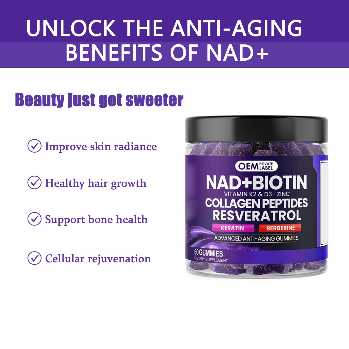 NAD+ Resveratrol Berberine Biotin Supplement Collagen Zinc Vitamin K D Gummies for Hair Skin Nails Joint
